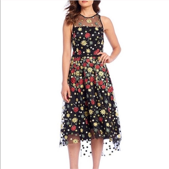 NWT Alex Marie Lindsey Floral Mesh Embroidered Fit&Flare Cocktail Midi Dress Sz6 - Picture 1 of 11